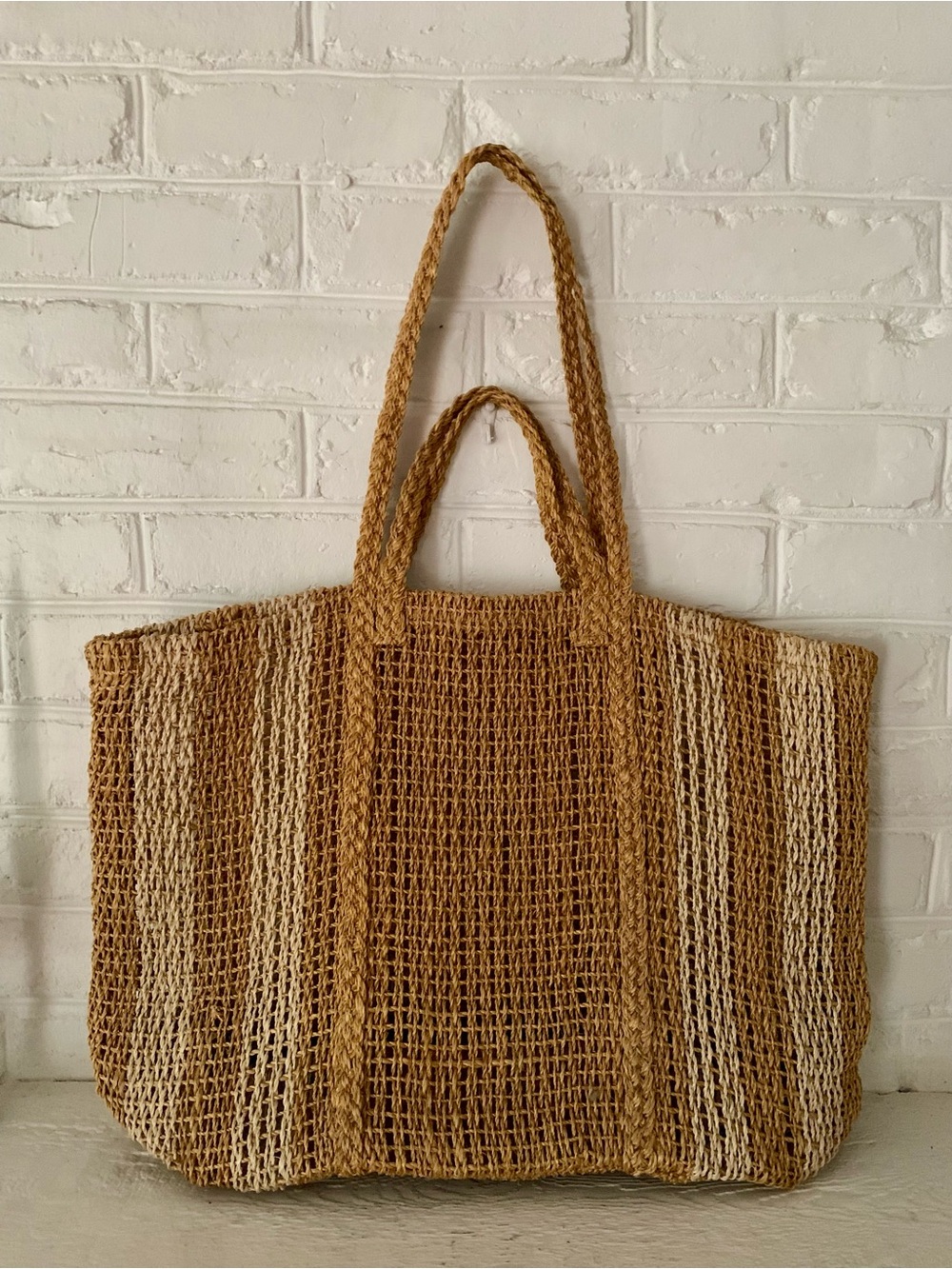 NEW Madewell Tan/Beige Woven Market Tote Bag Rectangle Top Handles Women Handbag